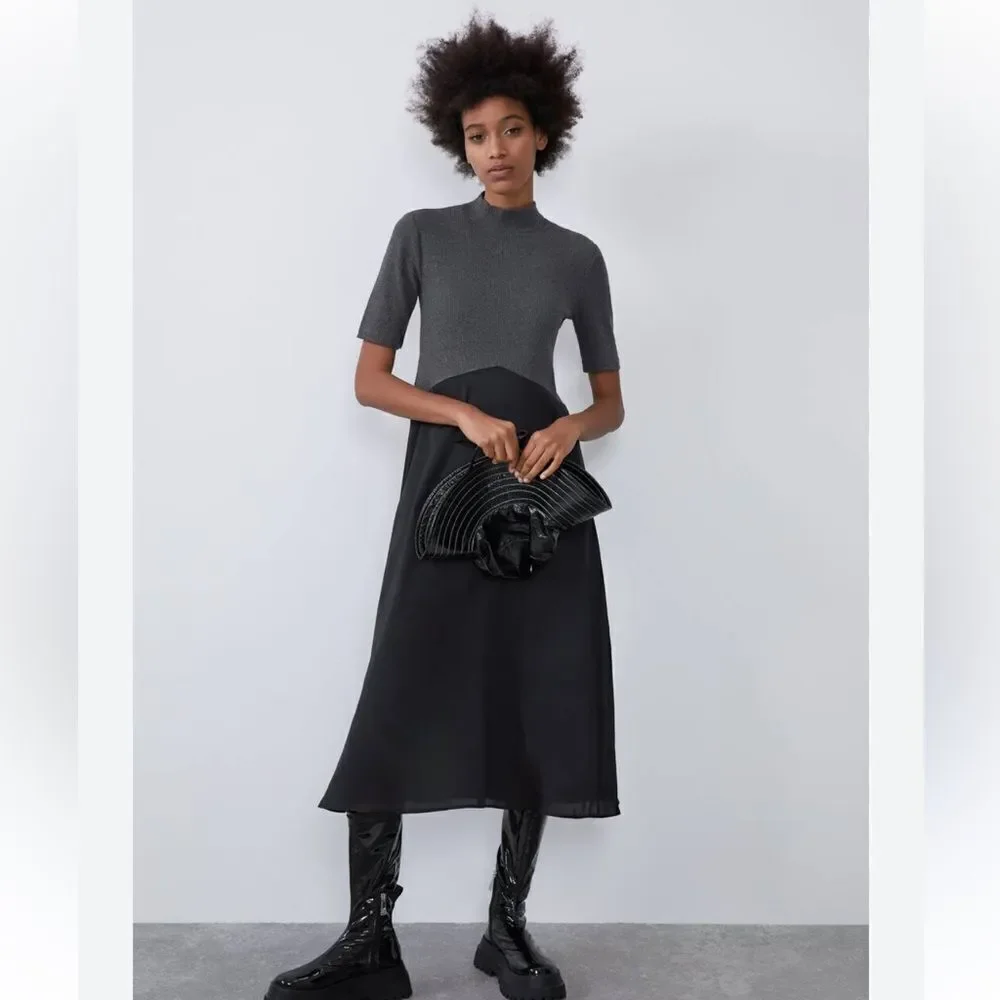Zara Knit and Satin Midi Dress